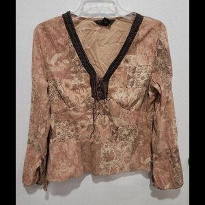 Y2K Fairy Top Sz Medium Faux Suede Flared Sleeve Lace Up Neckline Ishyu flaw